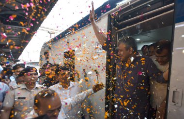 NEW DELHI INDIA MAY 25 2023 Union Minister of Railways of India Ashwini Vaishnaw along with BJP MLA OM Prakash Sharma at Anand Vihar Railway Station after Prime Minister Narendra Modi virtually flags off Uttarakhand s first semi high speed Vande Bhar clipart