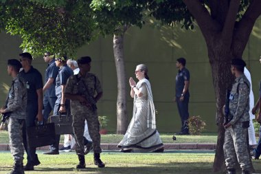 NEW DELHI INDIA MAY 21 2023 Former Congress president Sonia Gandhi after paying tribute to former prime minister Rajiv Gandhi on his 32nd death anniversary at his memorial Veer Bhumi on May 21 2023 in New Delhi India Today marks the 32nd death annive clipart