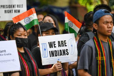 NEW DELHI INDIA MAYIS 31 2023 Manipur kabilesi Sanchit Khanna Hindustan Times 'ın Jantar Mantar Fotoğrafı' nda devam eden gerilimi protesto etmek için düzenlenen bir kabile dayanışmasına katıldı. 