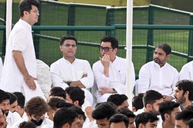 NEW DELHI INDIA MAY 21 2023 Congress leader Sachin Pilot during ceremony of pay tribute to former prime minister Rajiv Gandhi on his 32nd death anniversary at his memorial Veer Bhumi on May 21 2023 in New Delhi India Today marks the 32nd death annive clipart