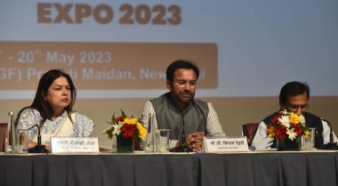 NEW DELHI INDIA MAY 10 2023 Union Minister for Culture Tourism and DoNER G Kishan Reddy Minister of State for Culture and External Affairs Meenakshi Lekhi address a Press Conference on International Museum Expo 2023 three day international Museum Exp clipart