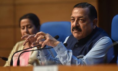 NEW DELHI INDIA MAY 24 2023 Minister of State in the Ministry of Personnel Public Grievances and Pensions of India Dr Jitendra Singh along with Secretary Department of Personnel & Training DOPT S Radha Chauhan addressing a press pre event briefing on clipart