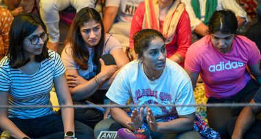 NEW DELHI INDIA MAY 4 2023 Indian Wrestlers Vinesh Phogat Sangeeta Phogat Sakshi Malik Bajrang Punia along with DCW Chief Swati Maliwal addresses a Press Conference at Jantar Mantar on May 4 2023 in New Delhi India Speaking to the media the grapplers clipart