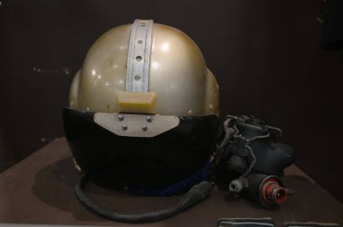 CHANDIGARH INDIA MAY 10 2023 Flying Helmet with Oxygen Mask of Air Commodore Harcharan Singh Mangat MVC Retd displayed at the Indian Air Force Heritage Museum at sector 18 on May 10 2023 in Chandigarh India The first of its kind Indian Air Force Heri clipart