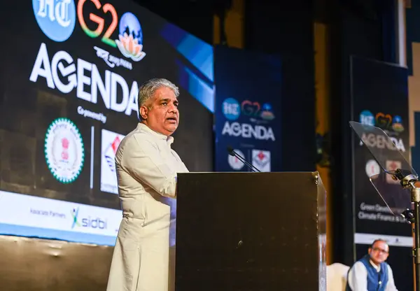 stock image NEW DELHI INDIA MAY 18 2023 Bhupender Yadav Union Minister of Environment Forest and climate change addressing the key note during the Hindustan Times G20 Agenda at Ambedkar International Center on May 18 2023 in New Delhi India Photo by Raj K Raj Hi