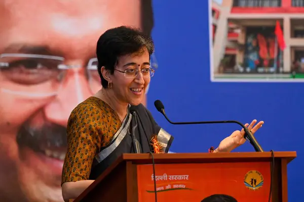 stock image NEW DELHI INDIA MAY 29 2023 Atishi Education Minister of Delhi during inauguration of New Building of Rana Pratap Rajkiya Sarvodaya Kanya Bal Vidhyalaya at Rithala on May 29 2023 in New Delhi India Photo by Sanchit Khanna Hindustan Times 