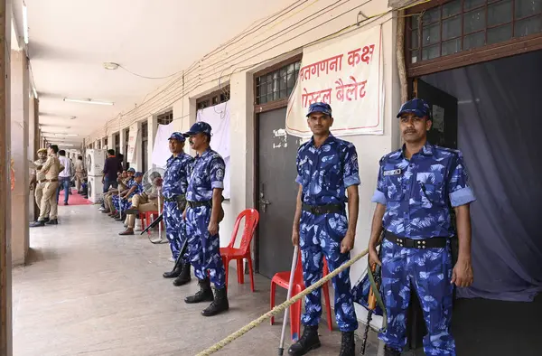 stock image LUCKNOW INDIA MAY 13 2023 Security personnel deployed at the vote counting center at Ramabai Rally Ground on May 13 2023 in Lucknow India The Bhartiya Janata Party swept the Uttar Pradesh local body polls as it won all 17 Mayor seats and has a clear 