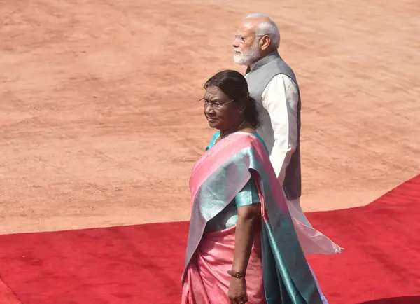 stock image NEW DELHI INDIA MAY 30 2023 President Droupadi Murmu with Prime Minister Narendra Modi during the Cambodian King Norodom Sihamoni ceremonial reception at the Rashtrapati Bhavan on May 30 2023 in New Delhi India Photo by Sonu Mehta Hindustan Times 