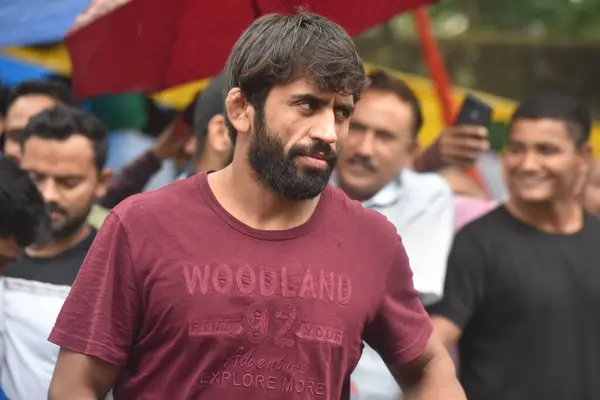 stock image NEW DELHI INDIA MAY 1 2023 Wrestlers Bajrang Punia and others during the Ninth day dharna their protest against the Wrestling Federation of India president Brij Bhushan Saran at Jantar Mantar on May 1 2023 in New Delhi India Photo by Sonu Mehta Hindu