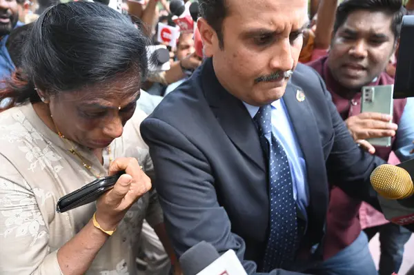 stock image NEW DELHI INDIA MAY 3 2023 Indian Olympic Association President and Rajya Sabha MP P T Usha arrives to meet wrestlers at Jantar Mantar amid their ongoing protest against the President of Wrestling Federation of India on May 3 2023 in New Delhi India 