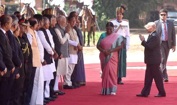 stock image NEW DELHI INDIA MAY 30 2023 Cambodian King Norodom Sihamoni along with President Droupadi Murmu with Prime Minister Narendra Modi meet Indian Union Ministers during the his ceremonial reception at the Rashtrapati Bhavan on May 30 2023 in New Delhi In