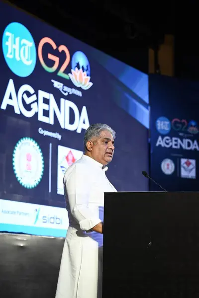 stock image NEW DELHI INDIA MAY 18 2023 Bhupender Yadav Union Minister of Environment Forest and climate change addressing the key note during the Hindustan Times G20 Agenda at Ambedkar International Center on May 18 2023 in New Delhi India Photo by Sanchit Khan