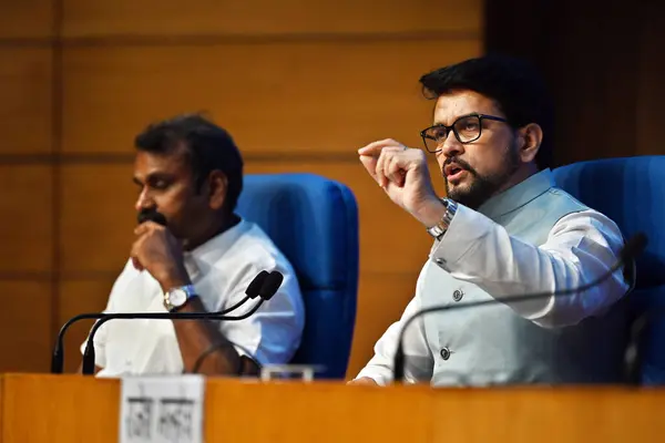 stock image NEW DELHI INDIA MAY 31 2023 Union Minister of Information & Broadcasting and Youth Affairs & Sports Anurag Singh Thakur and MoS I&B L Murugan addressing the media person on Cabinet decision at National Media Centre on May 31 2023 in New Delhi India P