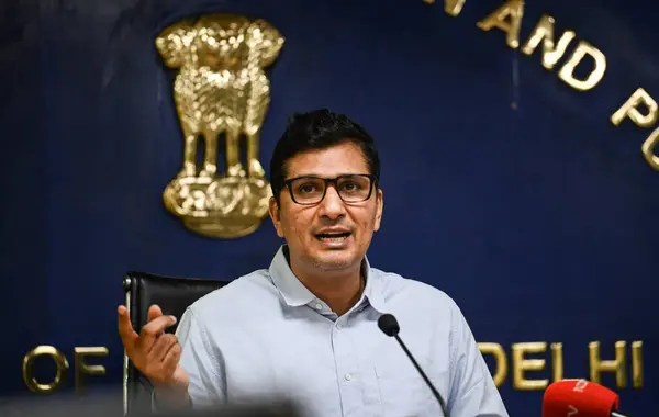 stock image NEW DELHI INDIA MAY 26 2023 Delhi Cabinet Minister Saurabh Bhardwaj during a press conference on the issue of Yumuna Cleaning Project and Delhi water Sewerage Plan at Delhi Secretariat on May 26 2023 in New Delhi India Saurabh Bhardwaj said the gover