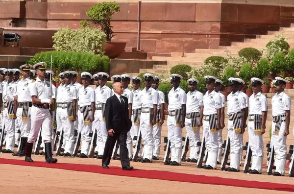 stock image NEW DELHI INDIA MAY 30 2023 Cambodian King Norodom Sihamoni inspection guard of honour during the his ceremonial reception at the Rashtrapati Bhavan on May 30 2023 in New Delhi India Photo by Sonu Mehta Hindustan 