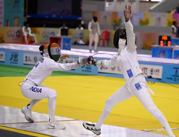 stock image LUCKNOW INDIA MAY 31 2023 Taniksha Khatri from Gurunanak Dev University Punjab during grils Fencing pool round under Khelo India University Games at Atal Vihari Ekana Sports city on May 31 2023 in Lucknow India Photo by Deepak Gupta Hindustan Times 