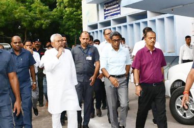 PATNA INDIA AUGUST 27 2024 Bihar Chief Minister Nitish Kumar inspecting under construction model hospital in the campus of Guru Govind Singh Hospital on August 27 2024 in Patna India Photo by Santosh Kumar Hindustan Times  clipart