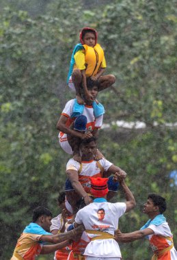 MUMBAI INDIA AUGSTOS 27 Ağustos 2024 Govinda Revellers Satish Bate Hindustan Times tarafından Hindistan 'da 27 Ağustos 2024 tarihinde Hindistan' da Ghatkopar 'da düzenlenen Hint Gopalkala Festivali sırasında toprak kabı Dahi Hand' i kırmak için insan piramidinden çıkarıldı. 