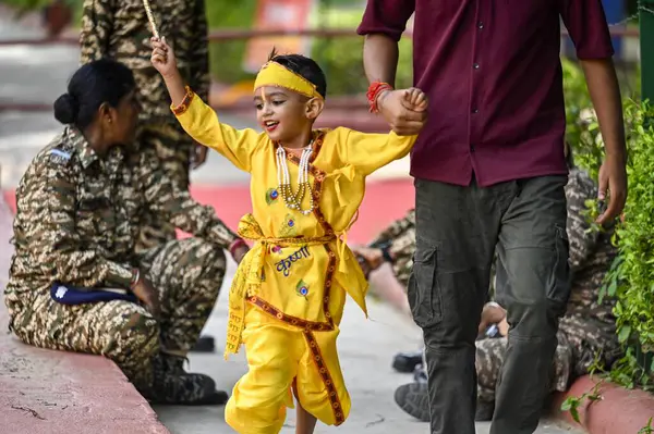 stock image NEW DELHI INDIA AUGUST 26 2024 A boy dressed as the Hindu deity Krishna is seen at Shri Laxmi Narayan Temple Birla Mandir on the occasion of Krishna Janmashtami at Mandir Marg on August 26 2024 in New Delhi India Photo by Raj K Raj Hindustan Times 