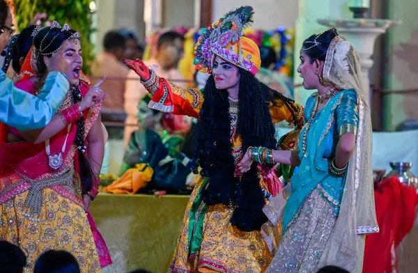 stock image NEW DELHI INDIA AUGUST 26 2024 Artists dressed as Lord Krishna and Radha performing on the occasion of Krishna Janmashtami inside Shri Laxmi Narayan Temple Birla Mandir at Mandir Marg on August 26 2024 in New Delhi India Photo by Raj K Raj Hindustan 