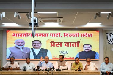 NEW DELHI INDIA AUGUST 28 2024 Delhi LOP Vijender Gupta and all BJP Delhi MLAs address Press Conference against the Delhi Government Jal Board at BJP Delhi Office on August 28 2024 in New Delhi India Photo by Salman Ali Hindustan Times  clipart