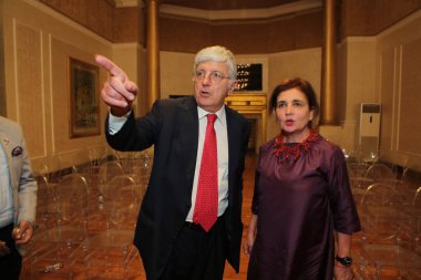 NEW DELHI INDIA MAY 23 2023 Italian ambassador to India Vincenzo De Luca with his wife Paola Ferri during the opening of an Italian art exhibition titled The Grand Italian Vision the ongoing showcase features an anthology of 70 masterpieces from the  clipart