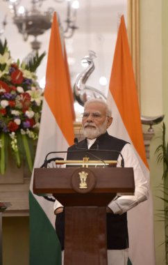 NEW DELHI INDIA HAZİRAN 12023 Başbakan Narendra Modi ile Nepal Pushpa Kamal Dahal Prachanda arasında yapılan ortak basın açıklamasında, 1 Haziran 2023 tarihinde Hindistan 'da Hyderabad House' da ve Thur 'daki Nepal' da gerçekleşen görüşme sonrasında