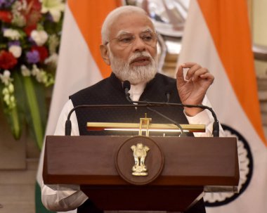 NEW DELHI INDIA JUNE 1 2023 Prime Minister Narendra Modi during their joint press statement with and Prime Minister of Nepal Pushpa Kamal Dahal Prachanda after a meeting at the Hyderabad House on June 1 2023 in New Delhi India India and Nepal on Thur clipart