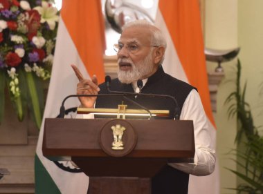 NEW DELHI INDIA HAZİRAN 12023 Başbakan Narendra Modi ile Nepal Pushpa Kamal Dahal Prachanda arasında yapılan ortak basın açıklamasında, 1 Haziran 2023 tarihinde Hindistan 'da Hyderabad House' da ve Thur 'daki Nepal' da gerçekleşen görüşme sonrasında