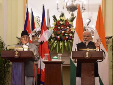 NEW DELHI INDIA JUNE 1 2023 Prime Minister Narendra Modi and Prime Minister of Nepal Pushpa Kamal Dahal Prachanda during their joint press statement after a meeting at the Hyderabad House on June 1 2023 in New Delhi India India and Nepal on Thursday  clipart