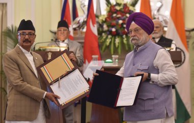 NEW DELHI INDIA JUNE 1 2023 MoU files exchange with Indian Ministers and Nepal Ministers during joint press statement of Prime Minister Narendra Modi with Prime Minister of Nepal Pushpa Kamal Dahal Prachanda at the Hyderabad house on June 1 2023 in N clipart