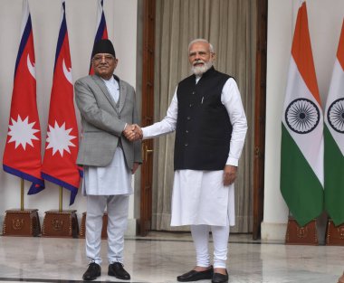 NEW DELHI INDIA JUNE 1 2023 Prime Minister Narendra Modi with Prime Minister of Nepal Pushpa Kamal Dahal Prachanda before their meeting at the Hyderabad House on June 1 2023 in New Delhi India India and Nepal on Thursday unveiled initiatives to ramp  clipart