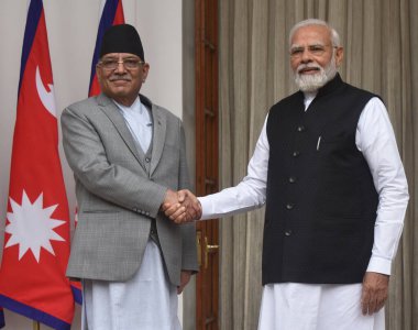 NEW DELHI INDIA JUNE 1 2023 Prime Minister Narendra Modi with Prime Minister of Nepal Pushpa Kamal Dahal Prachanda before their meeting at the Hyderabad House on June 1 2023 in New Delhi India India and Nepal on Thursday unveiled initiatives to ramp  clipart