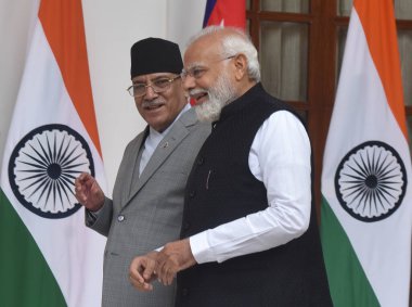 NEW DELHI INDIA JUNE 1 2023 Prime Minister Narendra Modi with Prime Minister of Nepal Pushpa Kamal Dahal Prachanda before their meeting at the Hyderabad House on June 1 2023 in New Delhi India India and Nepal on Thursday unveiled initiatives to ramp  clipart