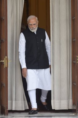 NEW DELHI INDIA JUNE 1 2023 Prime Minister Narendra Modi arrives for the meeting with Prime Minister of Nepal Pushpa Kamal Dahal Prachanda at the Hyderabad House on June 1 2023 in New Delhi India India and Nepal on Thursday unveiled initiatives to ra clipart