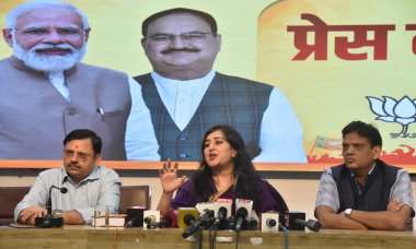 NEW DELHI INDIA JUNE 2 2023 Delhi BJP leader Bansuri Swaraj and other leaders addressing a press conference on important issues at Delhi BJP office on June 2 2023 in New Delhi India Photo by Sonu Mehta Hindustan Times  clipart