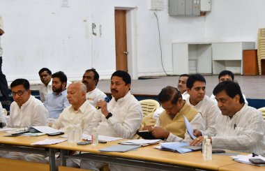 MUMBAI INDIA JUNE 2 2023 Congress leader Balasaheb Thorat MPCC president Nana Patole and party leaders Sushil Kumar Shinde Prithviraj Chavan and Ashok Chavan during the party s meeting with all district presidents and secretaries across the state for clipart