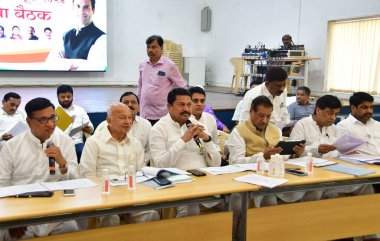 MUMBAI INDIA JUNE 2 2023 Congress leader Balasaheb Thorat MPCC president Nana Patole and party leaders Sushil Kumar Shinde Prithviraj Chavan and Ashok Chavan during the party s meeting with all district presidents and secretaries across the state for clipart