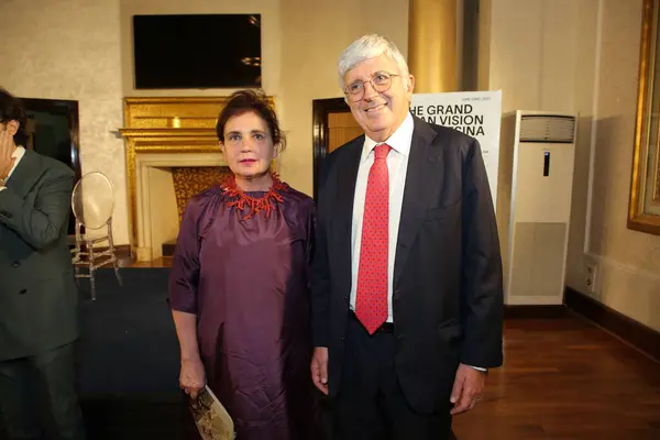 stock image NEW DELHI INDIA MAY 23 2023 Italian ambassador to India Vincenzo De Luca with his wife Paola Ferri during the opening of an Italian art exhibition titled The Grand Italian Vision the ongoing showcase features an anthology of 70 masterpieces from the 