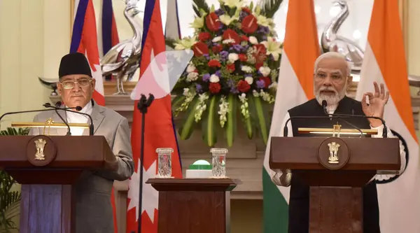 stock image NEW DELHI INDIA JUNE 1 2023 Prime Minister Narendra Modi and Prime Minister of Nepal Pushpa Kamal Dahal Prachanda during their joint press statement after a meeting at the Hyderabad House on June 1 2023 in New Delhi India India and Nepal on Thursday 