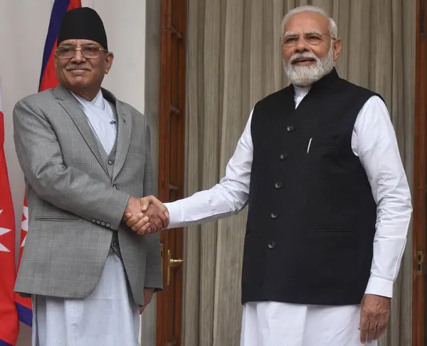 stock image NEW DELHI INDIA JUNE 1 2023 Prime Minister Narendra Modi with Prime Minister of Nepal Pushpa Kamal Dahal Prachanda before their meeting at the Hyderabad House on June 1 2023 in New Delhi India India and Nepal on Thursday unveiled initiatives to ramp 