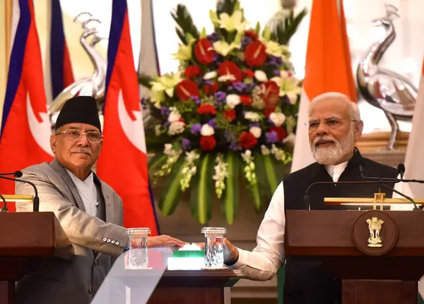 stock image NEW DELHI INDIA JUNE 1 2023 Prime Minister Narendra Modi and Prime Minister of Nepal Pushpa Kamal Dahal Prachanda jointly launch the foundation stone of MAPL Phase 2 at the Hyderabad House on June 1 2023 in New Delhi India India and Nepal on Thursday