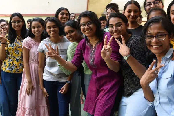 stock image NAVI MUMBAI INDIA JUNE 2 2023 Students of Fr Agnel Multipurpose School and Junior College celebrate success after the SSC Board Exam results were declared at Vashi on June 2 2023 in Navi Mumbai India This year a total of 15 29 096 students appeared f