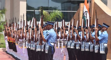 NEW DELHI INDIA JUNE 6 2023 Tri Service Guard of Honour defance persons take salute to German Federal Minister of Defence Boris Pistorius on the presence Union Defence Minister of India Rajnath Singh at Manekshaw Centre on June 6 2023 in New Delhi In clipart