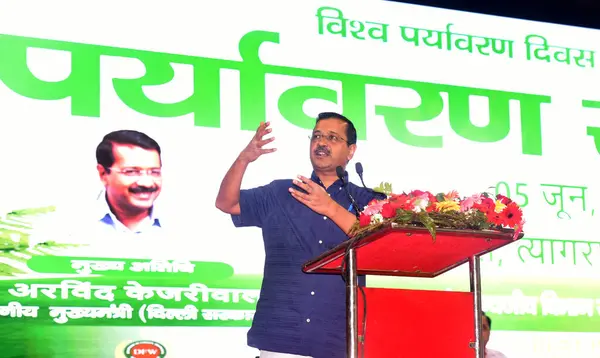 stock image NEW DELHI INDIA JUNE 5 2023 Chief Minister of Delhi Arvind Kejriwal addressing Student Teachers during the Paryavaran Sammelan organised on the occasion of World Environment Day at Thyagaraj Stadium