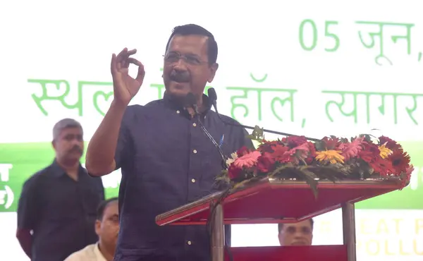 stock image NEW DELHI INDIA JUNE 5 2023 Chief Minister of Delhi Arvind Kejriwal addressing Student Teachers during the Paryavaran Sammelan organised on the occasion of World Environment Day at Thyagaraj Stadium