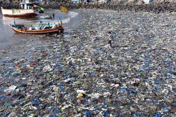 MUMBAI INDIA HAZİRAN 5 HAZİRAN 2023 Bir çocuk, 5 Haziran 2023 'te Mumbai Hindistan' da, Badhwar Parkı yakınlarında Bhushan Koyande Hindustan Times tarafından çekilen Colaba Dünya Çevre Günü 'nde tonlarca plastik atık arasında yürüyor. 