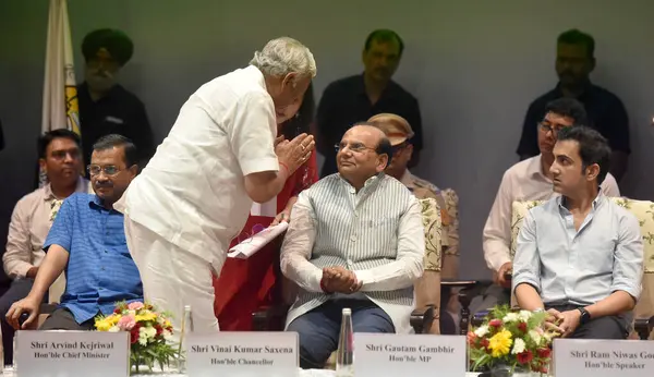 stock image NEW DELHI INDIA JUNE 8 2023 Delhi Chief Minister Arvind Kejriwal Delhi Lt Governor Vinai Kumar Saxena BJP MP Gautam Gambhir Delhi Assembly Speaker Ram Niwas Goel during the inauguration of the new campus of the Guru Gobind Singh Indraprastha Universi