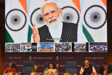 NEW DELHI INDIA JUNE 13 2023 Prime minister of India Narendra Modi address and lunching by Video conference in present of minister of State Independent Charge for Science and Technology and Earth Sciences Jitendra Singh with MOS for External Affairs  clipart