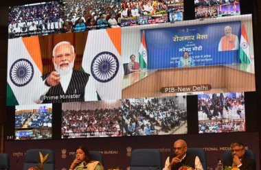 NEW DELHI INDIA JUNE 13 2023 Prime minister of India Narendra Modi address and lunching by Video conference in present of minister of State Independent Charge for Science and Technology and Earth Sciences Jitendra Singh with MOS for External Affairs  clipart